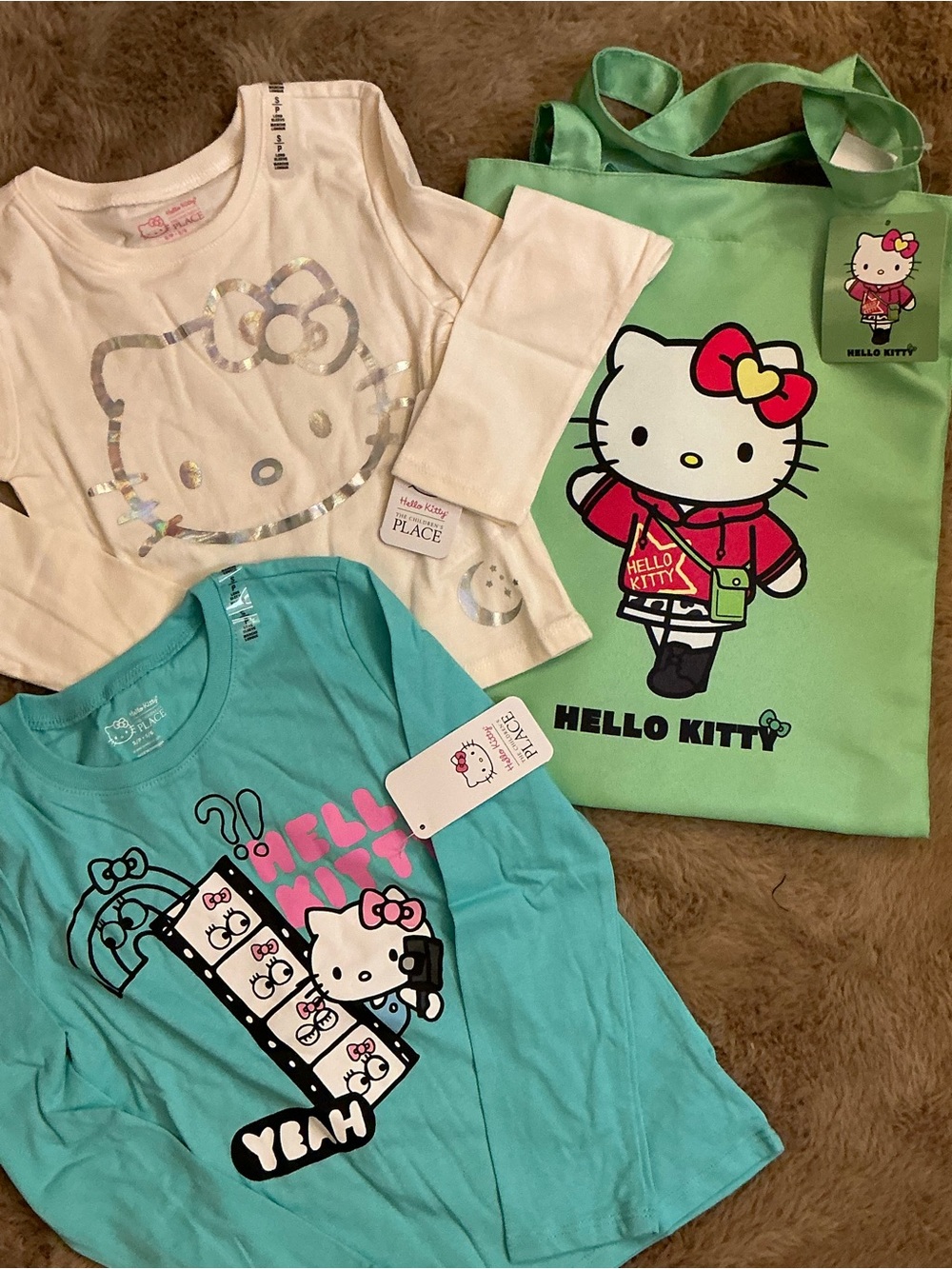 🎁 NWT The Childrens Place Hello Kitty Shirts Tote Bag 3pc Bundle Girls Size S